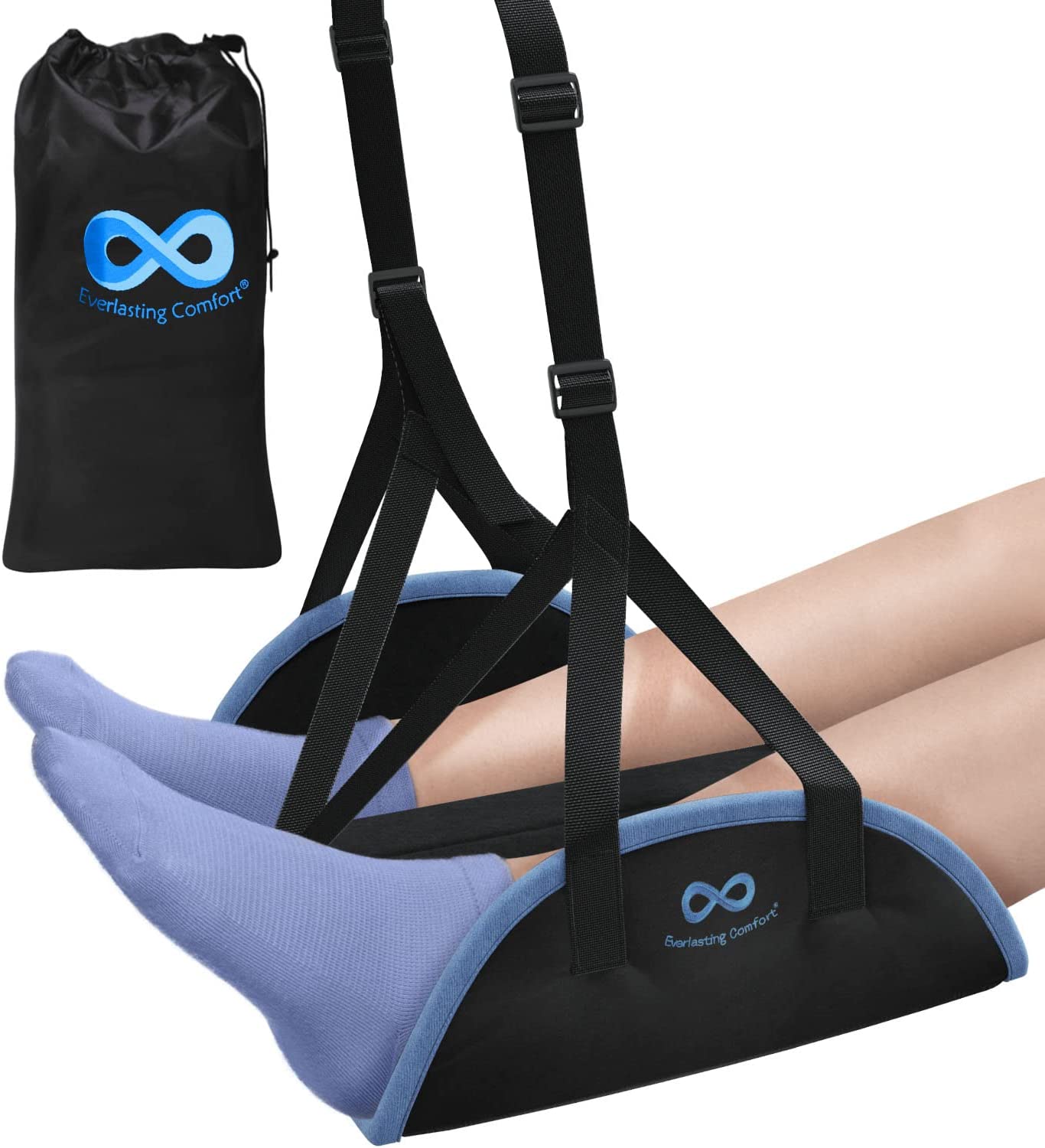 Everlasting Comfort Airplane Footrest – Ergonomic Adjustable Foot and Heel Hammock – Memory Foam Portable Air Plane Flying Travel Foot Rest – Long Airplane Flight Accessories for Feet (Black)