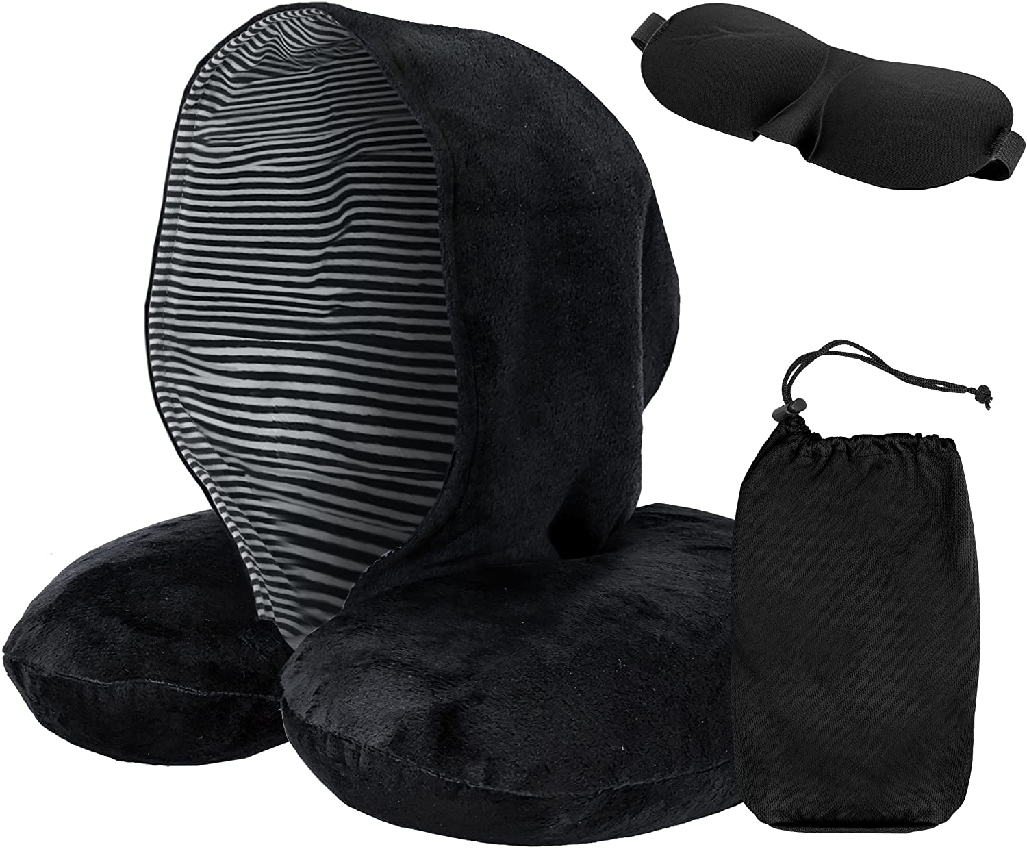 Travel Neck Pillow with Eye Mask | Travel Pillow | Memory Foam Neck Pillow Eye Mask | Hooded Travel Pillow (Black)